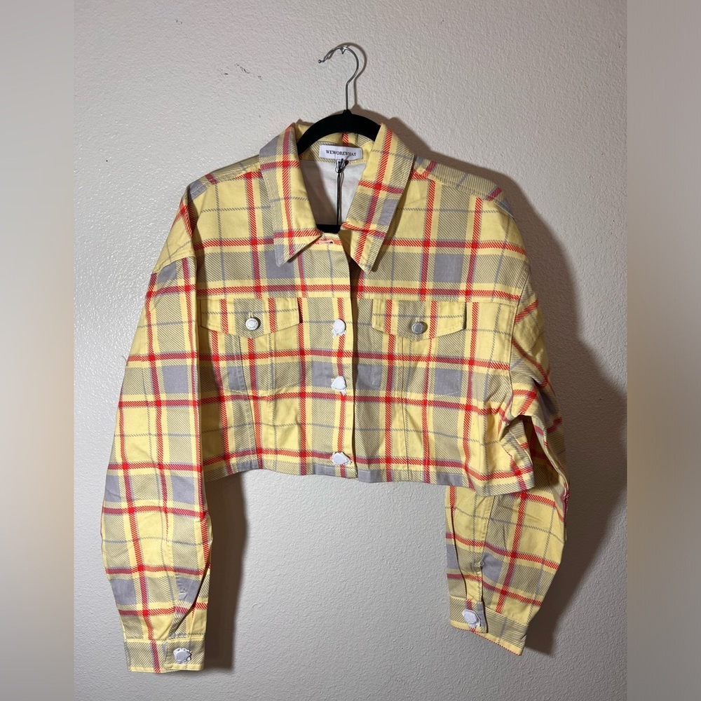 WeWoreWhat Cropped Plaid Denim Jacket Yellow/Red | Size XS/S | NWT
